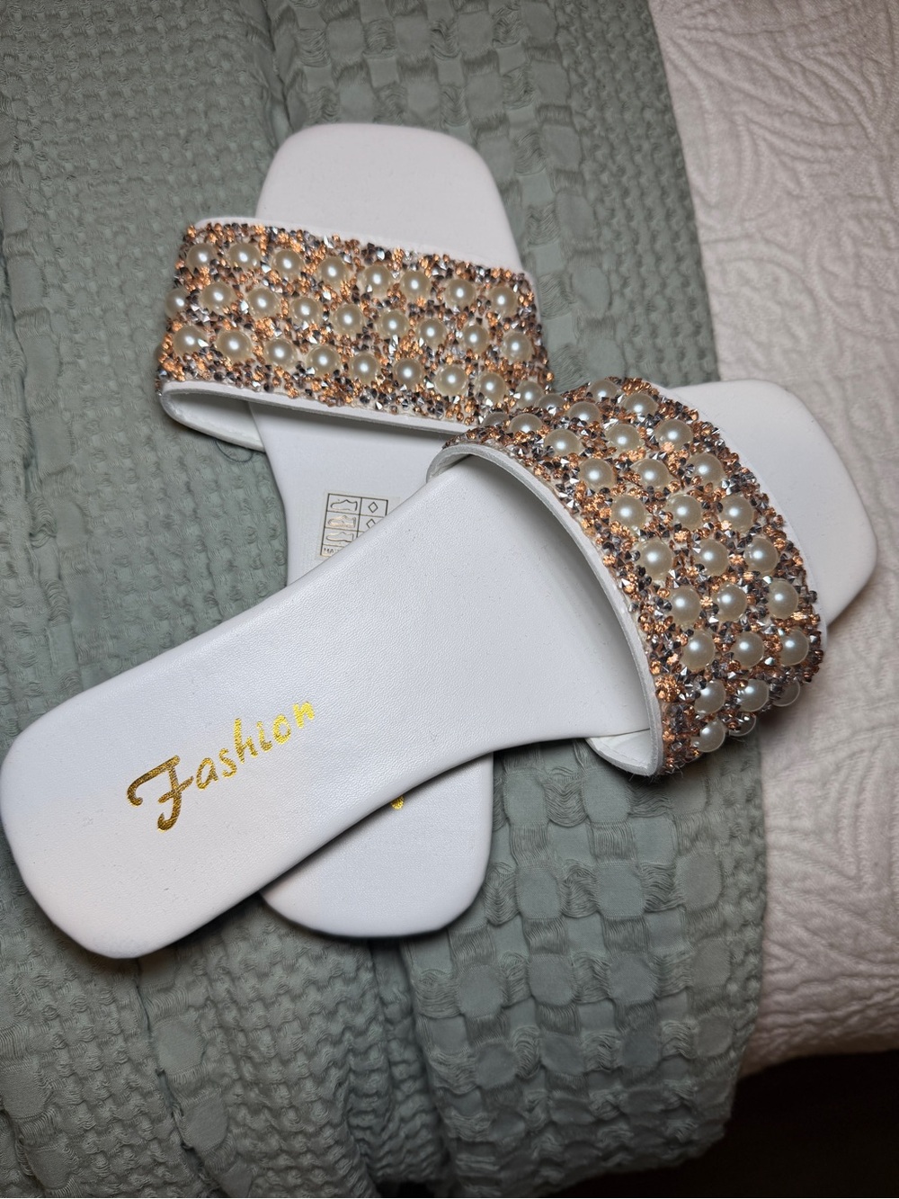 White Slide Sandals with Pearl & Rose Gold Crystal Strap
